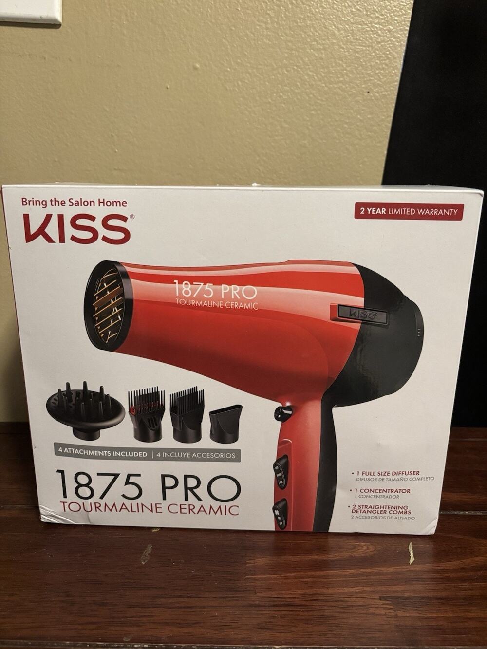Kiss 1875 Pro Tourmaline Ceramic Hair Dryer Full Size-4 Attachments Included-NEW